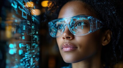 Woman in augmented reality glasses viewing holographic data