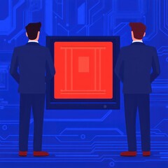 Leinwandbilder - Two Businessmen Examining a Large Red Microchip Against a Circuit Board Background