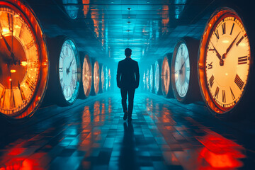 Poster - A surreal hallway full of glowing clocks capturing the essence of time and its passage through a vivid, imaginative space.