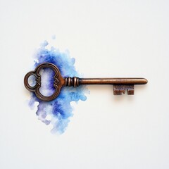 Poster - Vintage Bronze Key with Decorative Bow Surrounded by Watercolor Splash in Blue Tones