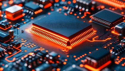 Poster - Close-up of a glowing microchip on a circuit board with intricate details and vibrant colors