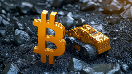 Poster - Bitcoin symbol. Concept of cryptocurrency mining. 3D illustration on a technological background