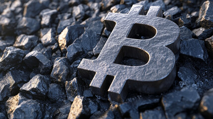 Poster - Bitcoin symbol. Concept of cryptocurrency mining. 3D illustration on a technological background