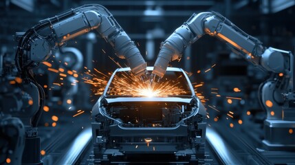 Poster - Robotic arms assembling a modern car on a high-tech factory floor, sparks flying, futuristic auto industry