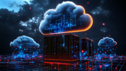 Poster - 3D render of a cloud server with a network connection and digital data, a futuristic illustration of computer mining with clouds on a dark background
