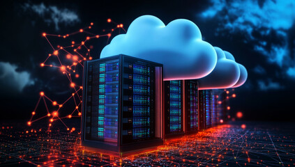 Poster - 3D render of a cloud server with a network connection and digital data, a futuristic illustration of computer mining with clouds on a dark background