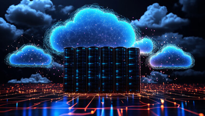 Poster - 3D render of a cloud server with a network connection and digital data, a futuristic illustration of computer mining with clouds on a dark background