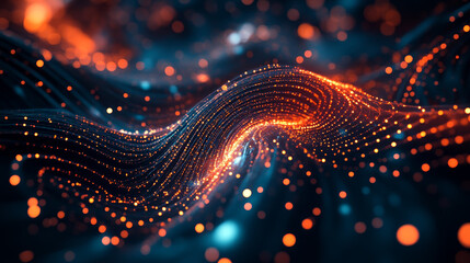 Poster - Abstract nanofiber 3D illustration. Twisted lines with dots of light. Neuro impulse in cyber stream