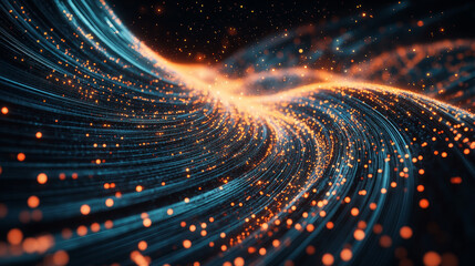 Poster - Abstract nanofiber 3D illustration. Twisted lines with dots of light. Neuro impulse in cyber stream