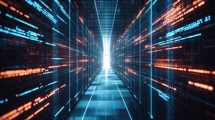 Poster - Data flow, high-speed tunnel, flight in cyberspace 3D illustration, wireless network and future technologies