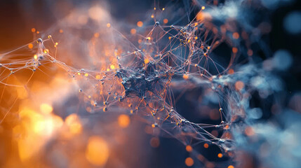 Poster - Nano structure, crystal lattice, cyber network 3D illustration. Neural connections of woven data. Depth and low sharpness