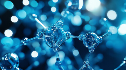 Poster - Molecule 3D illustration. Abstract molecular lattice, cellular structure. Transparent elements with a glossy effect. Fresh, clean, technological, blue background