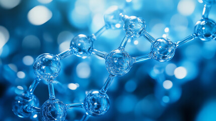 Poster - Molecule 3D illustration. Abstract molecular lattice, cellular structure. Transparent elements with a glossy effect. Fresh, clean, technological, blue background