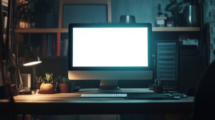 Leinwandbilder - night desk setup with blank computer screen
