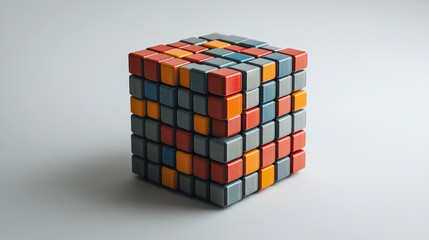 Poster - Isolated background. Cube assembled from cubes. Blockchain 3D illustration, cyber network, data array
