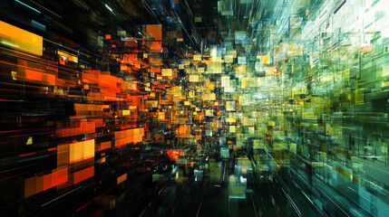 Poster - Chaos sounds, particle fragmentation, current data. Strings of information, musical waves, digital stream. 3D illustration of mosaic clustered cyberspace