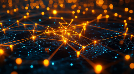Fototapete - Blockchain, high-tech background and information clusters. Bigdata concept of digital cyberspace. Quantum Architecture 3D Illustration