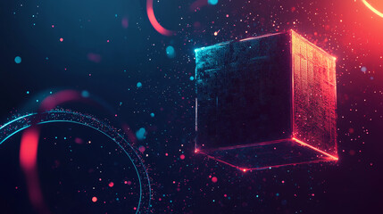 Poster - Background template with 3d cube geometric objects and planet rings circles. modern color graded template complemented by light sparkle particles. digital technology design concept