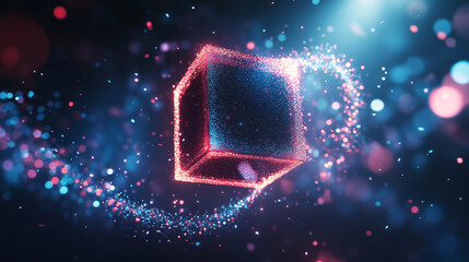 Poster - Background template with 3d cube geometric objects and planet rings circles. modern color graded template complemented by light sparkle particles. digital technology design concept