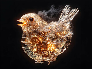 Poster - Glowing Golden Bird with Mechanical Gears and Smoke