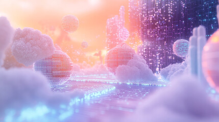 Poster - Big data, cryptography programming 3D illustration. Neural network, cloud technologies. Global database, artificial intelligence. Bright, black and white background with bokeh effect