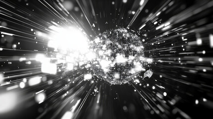 Poster - Big data 3D illustration. Neural network and cloud technologies. Global database and artificial intelligence. Bright, black and white background with bokeh effect