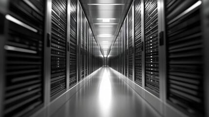 Poster - Big data 3D illustration. Neural network and cloud technologies. Global database and artificial intelligence. Bright, black and white background with bokeh effect