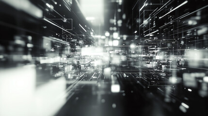 Poster - Big data 3D illustration. Neural network and cloud technologies. Global database and artificial intelligence. Bright, black and white background with bokeh effect