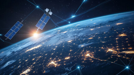 Poster - modern design of network connections, the planet and satellites in orbit. raster illustration