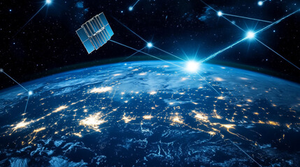 Poster - modern design of network connections, the planet and satellites in orbit. raster illustration