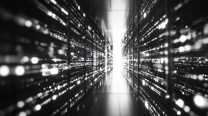 Poster - Data stream. Big data 3D illustration. Neural network and cloud technologies. Global database and artificial intelligence. Bright, black and white background with bokeh effect