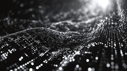 Poster - Data stream. Big data 3D illustration. Neural network and cloud technologies. Global database and artificial intelligence. Bright, black and white background with bokeh effect