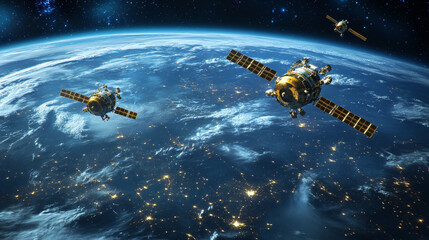 Poster - modern design of network connections, the planet and satellites in orbit. raster illustration
