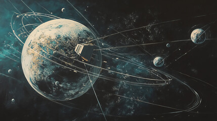 Poster - modern design of network connections, the planet and satellites in orbit. raster illustration