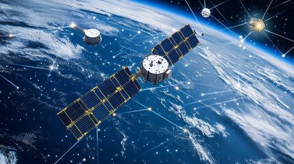 Poster - modern design of network connections, the planet and satellites in orbit. raster illustration