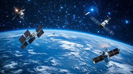 Poster - Modern design of network connections, the planet and satellites in orbit. Raster illustration