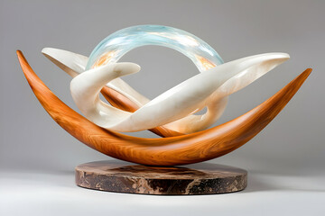 Poster - Abstract Sculpture with Flowing Forms in Wood Glass and Stone