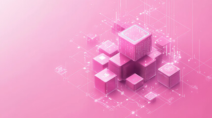 Poster - Cube of composite elements, blockchain space, data array, pink banner, business poster, digital data innovation 3D illustration