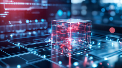 Poster - Cube of composite elements, blockchain space, data array, pink banner, business poster, digital data innovation 3D illustration