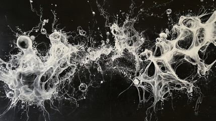 Poster - Communication and development. High resolution poster on high technology theme. Black and white abstract image of a neural network. 3D illustration of nanotechnological synthetic materials