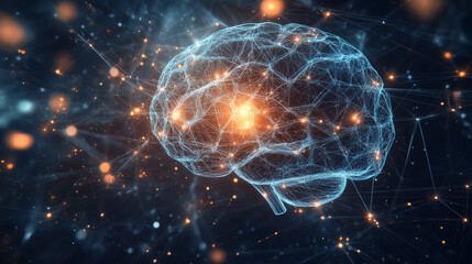 Poster - Communication and development. High resolution poster on high technology theme. Black and white abstract image of a neural network. 3D illustration of nanotechnological synthetic materials