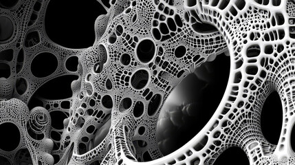 Poster - Communication and development. High resolution poster on high technology theme. Black and white abstract image of a neural network. 3D illustration of nanotechnological synthetic materials