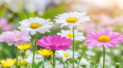 Wall Mural - Colorful daisies in sunny garden setting