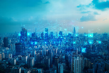 Aufkleber - Smart city with digital network connection and data transfer technology concept
