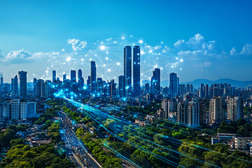 Aufkleber - Smart city with digital network connection and data transfer technology concept