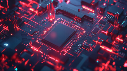 Poster - Microcircuit 3D illustration. Circuit, silicon chip. Quantum computer. Motherboard. Cyberspace of high technologies. Information flow and data analytics