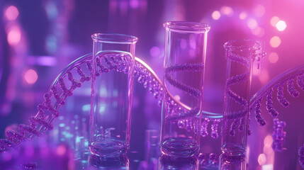 Poster - Laboratory, scientific research. Chemistry, test tubes and flasks. DNA 3D illustration on a purple-neon background