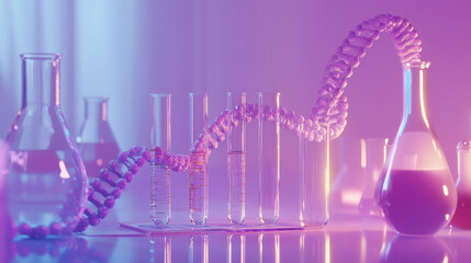 Poster - Laboratory, scientific research. Chemistry, test tubes and flasks. DNA 3D illustration on a purple-neon background