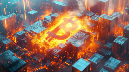 Poster - Bitcoin 3D illustration. Futuristic concept of mining cryptocurrency. Blockchain. Bitcoin symbol consisting of separate flaming blocks is located on the background of a polygonal network