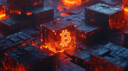 Poster - Bitcoin 3D illustration. Futuristic concept of mining cryptocurrency. Blockchain. Bitcoin symbol consisting of separate flaming blocks is located on the background of a polygonal network